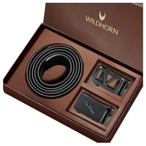 Men’s Leather Belt Gift Set | Genuine Leather belt Strap with 2 Interchangeable Buckles | Formal & Casual Wear Adjustable Belt | Automatic lock leather belt for men